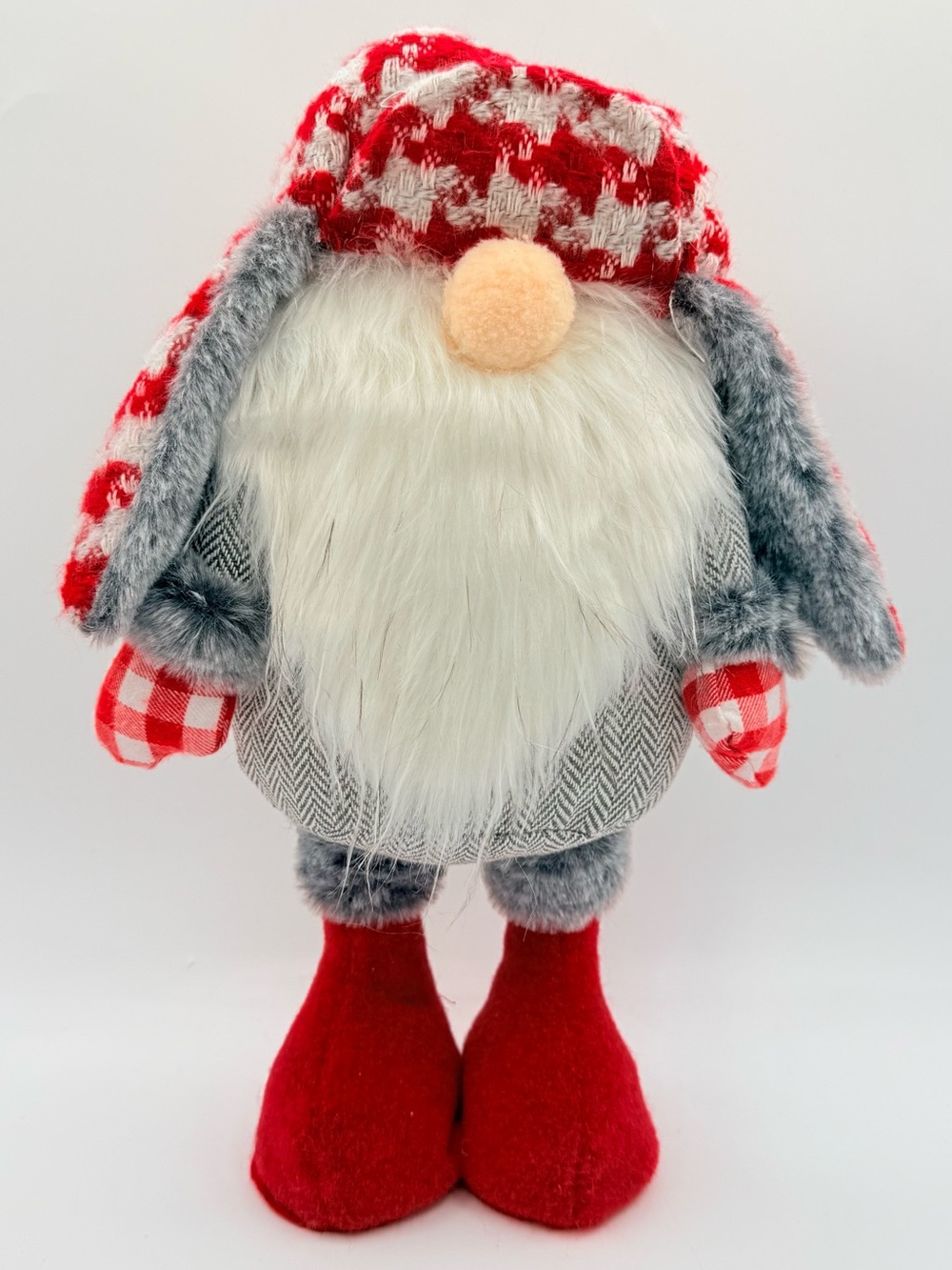 Christmas Gnome Plush Standing Red Gray Buffalo Plaid Nordic Holiday Decor 14”H